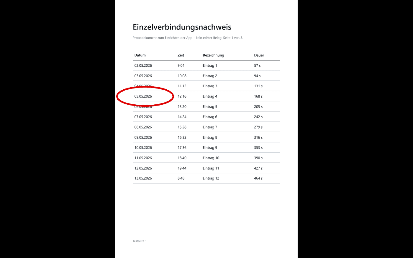 Setmappe, Ansicht Angestrichen: Dasselbe Dokument, ein Datum ist mit dem Finger rot eingekringelt